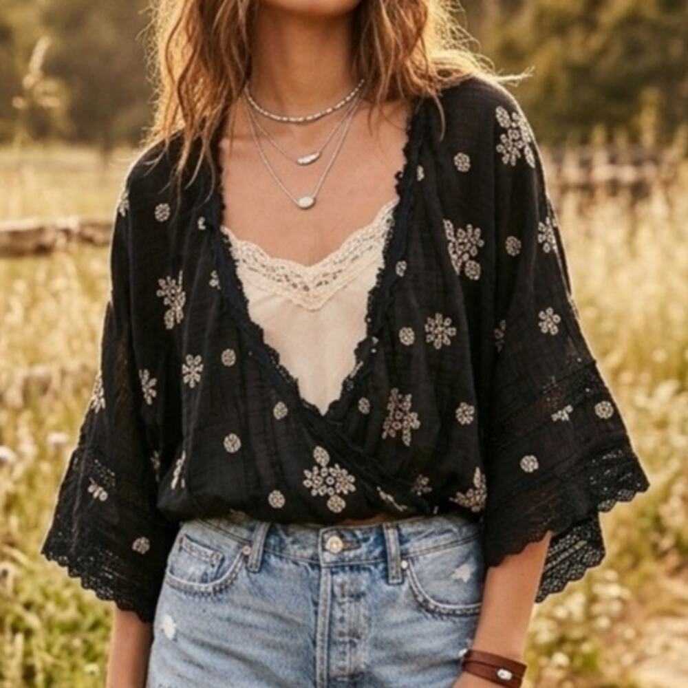 Free People "In the Meadow" Kimono Blouse cropped wrap silhouette wide sleeves